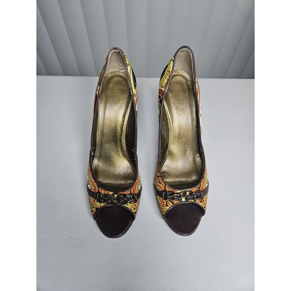 J.Crew Paisley Print Peep Toe Pump Heels Chain Detail Silk Fabric Made Italy 9.5